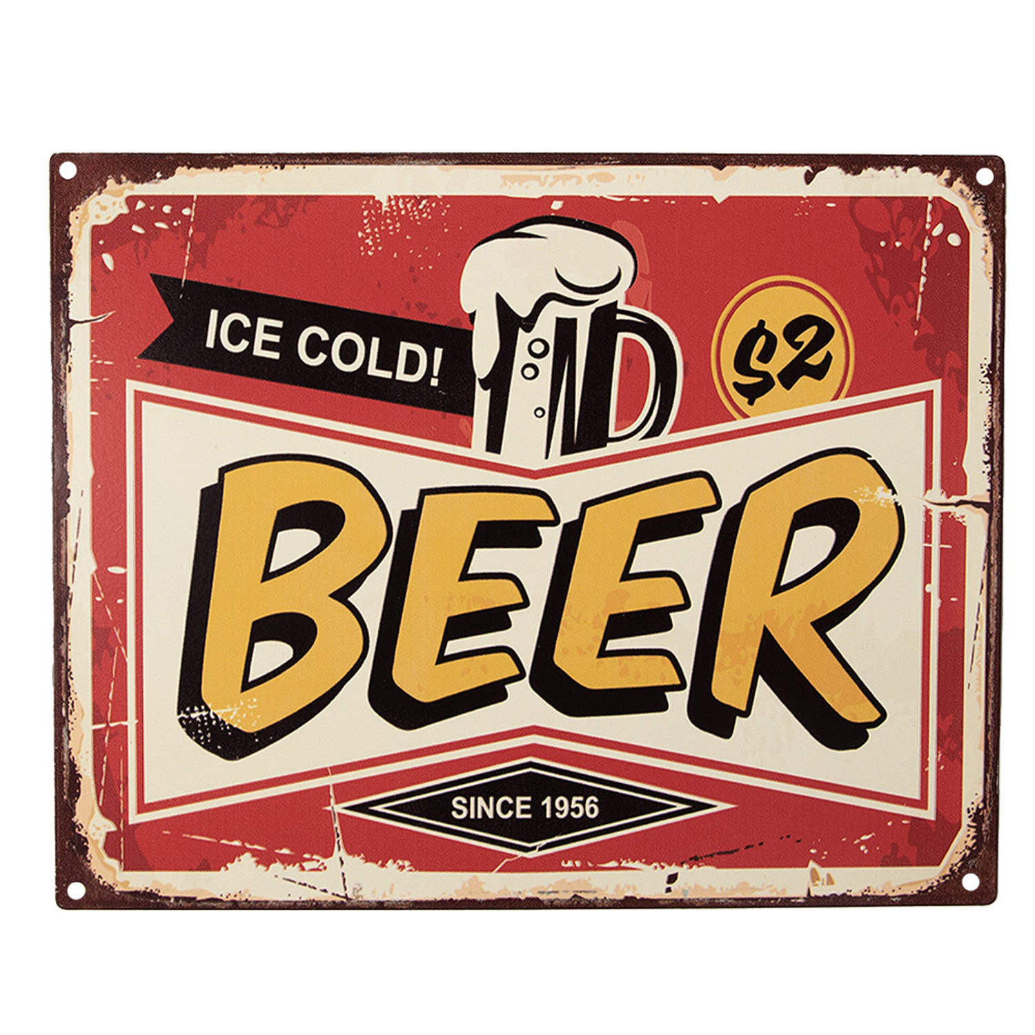 Clayre & Eef Tekstbord 25x20 Cm Rood Geel Ijzer Ice Cold Beer Wandbord Spreuk Wandplaat Rood Wandbor