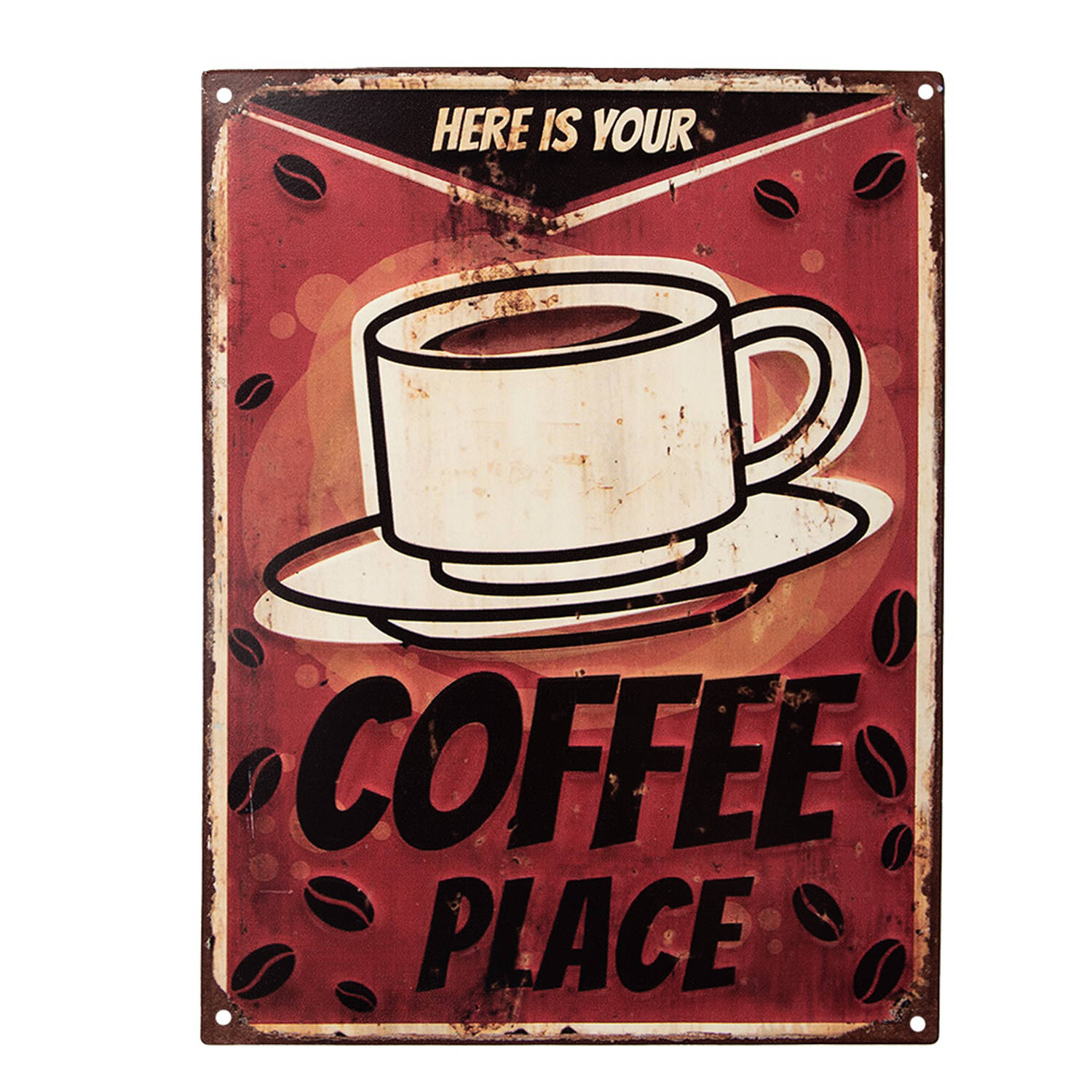 Clayre & Eef Tekstbord 25x33 Cm Rood Ijzer Kop Koffie Here Is Your Coffee Place Wandbord Spreuk Wand