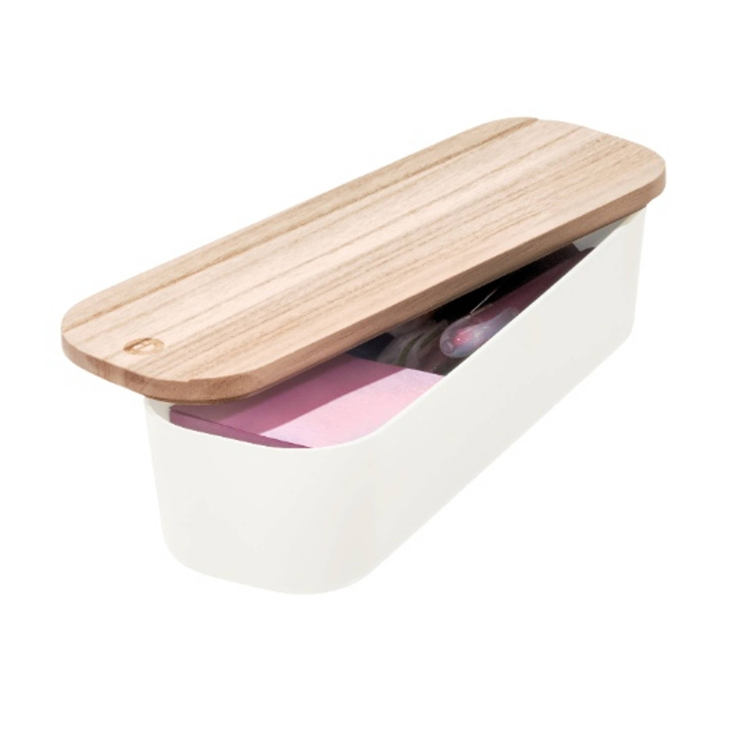 Opbergbox met Deksel, Medium, 9 x 27.5 x 6 cm, GerecycledKunststof/Hout, Beige - iDesign | Eco Storage