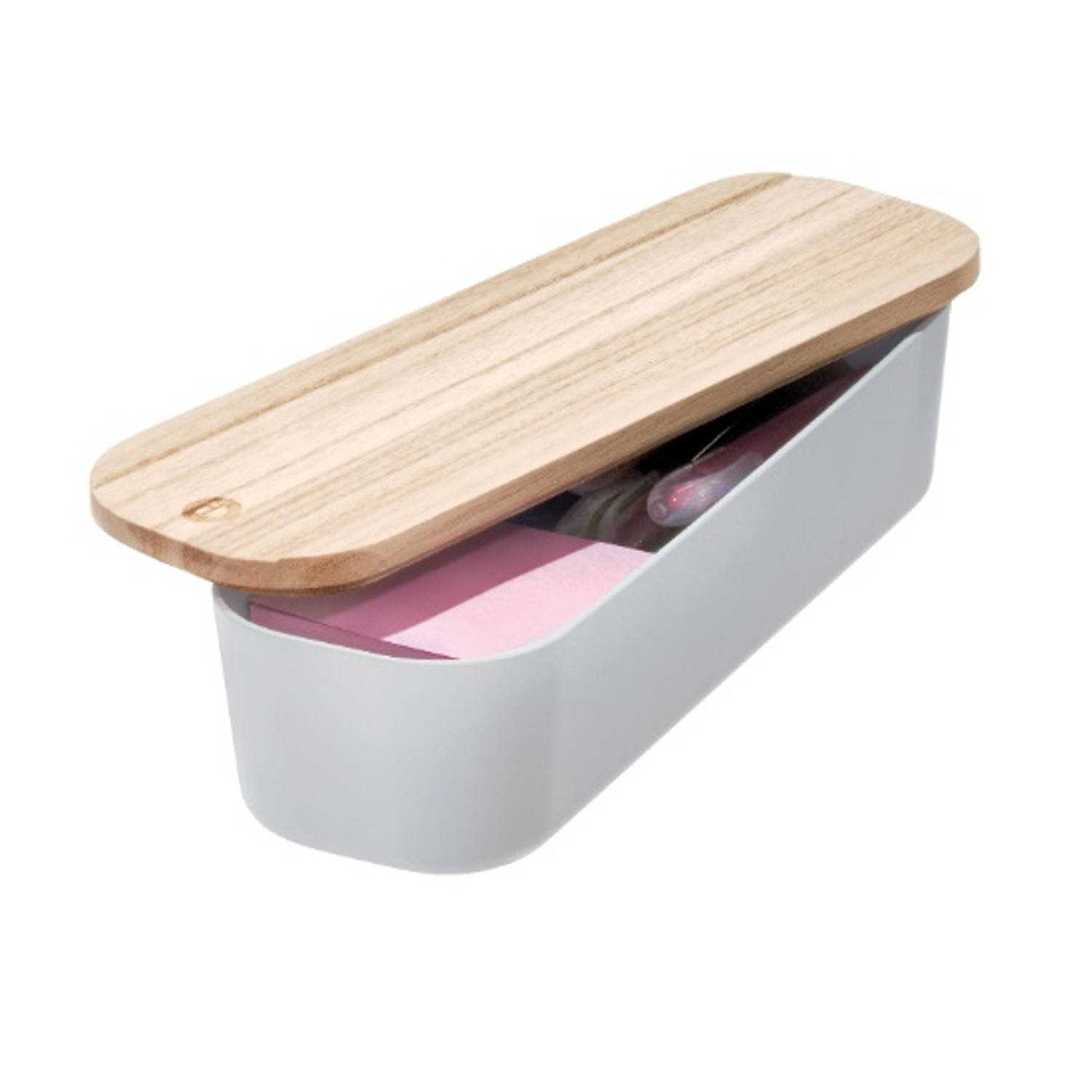 iDesign - Opbergbox met Deksel, Medium, 9 x 27.5 x 6 cm, Gerecycled Kunststof/Hout, Grijs - iDesign Eco Storage