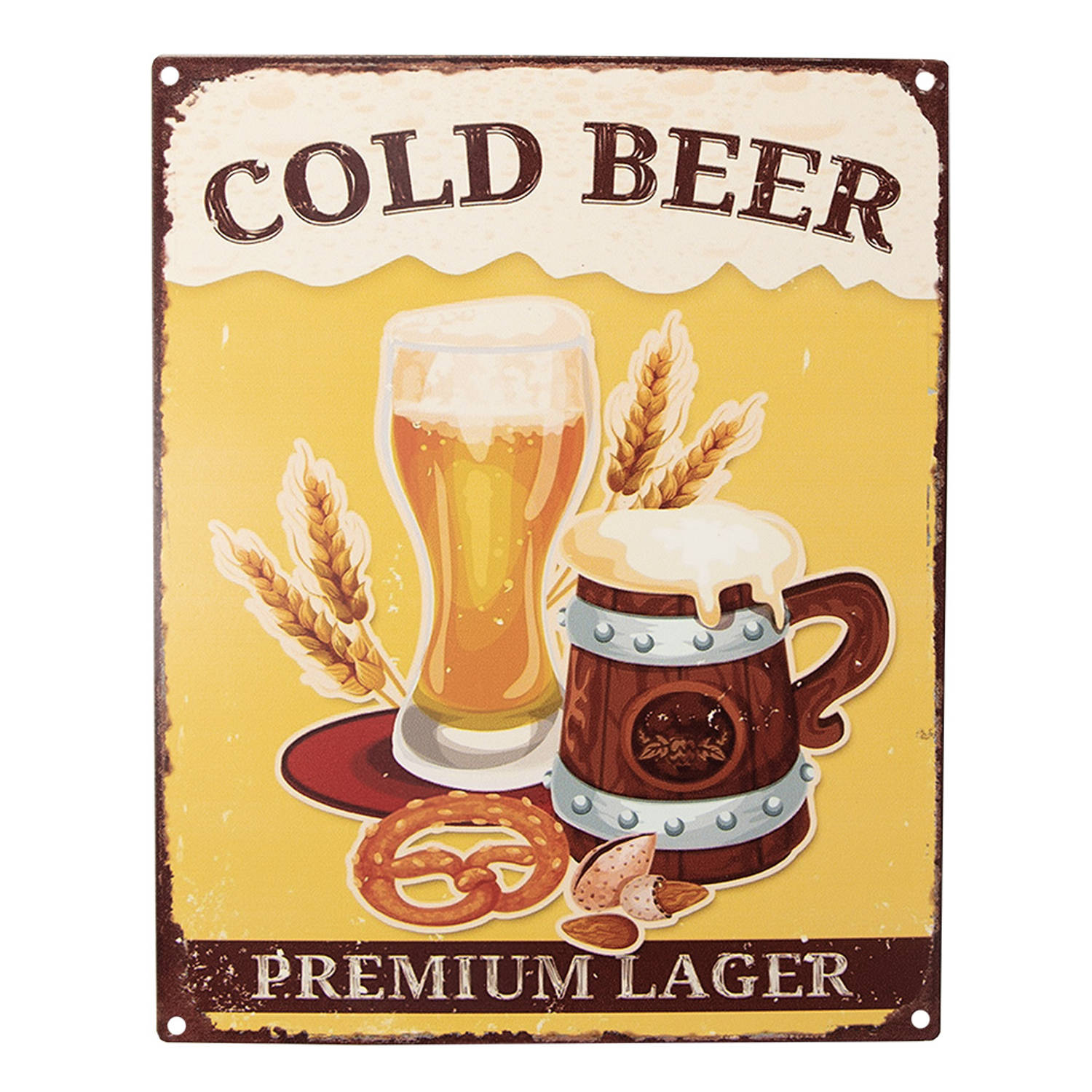 Clayre & Eef Tekstbord 20x25 cm Geel Ijzer Cold beer Wandbord Spreuk Wandplaat