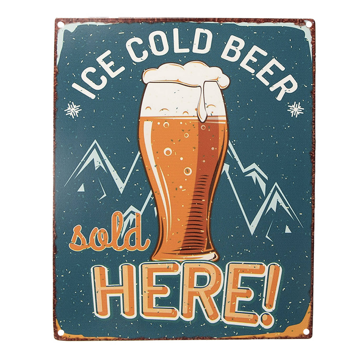 Clayre & Eef Tekstbord 20x25 Cm Blauw Geel Ijzer Ice Cold Beer Wandbord Spreuk Wandplaat Blauw Wandb