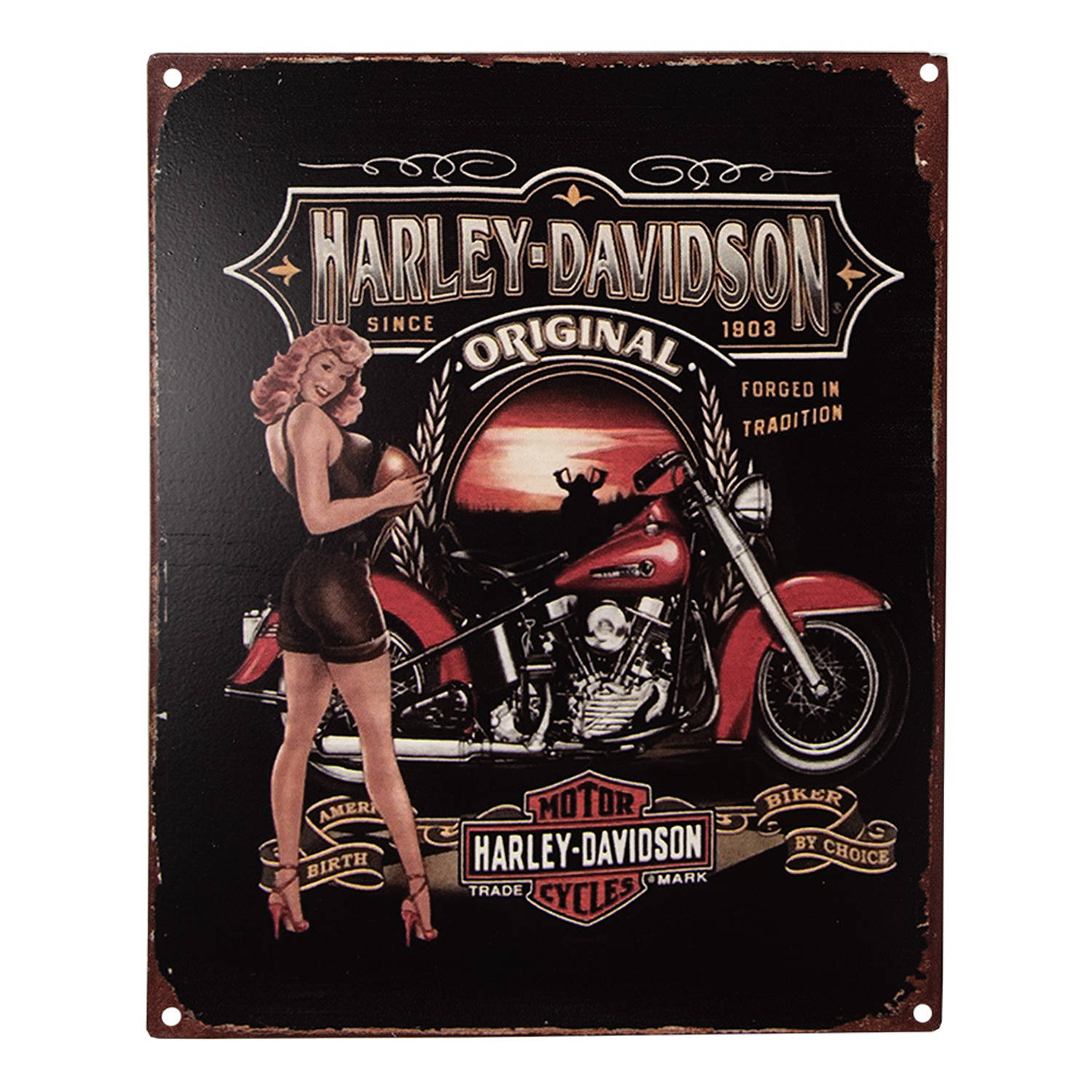 Clayre & Eef Tekstbord 20x25 cm Zwart Rood Ijzer Vrouw met motor Harley Davidson Wandbord Spreuk Wandplaat