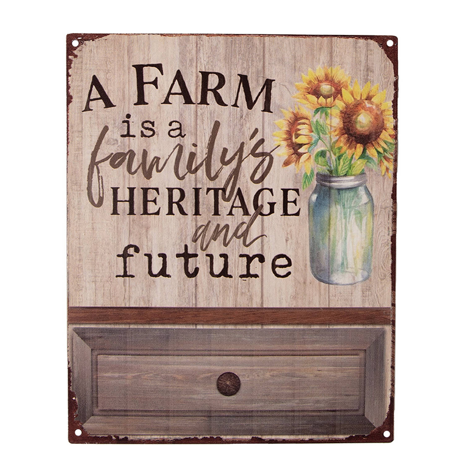 Clayre & Eef Tekstbord 20x25 Cm Bruin Ijzer Bloemen A Farm Is A Family's Heritage And Future Wa
