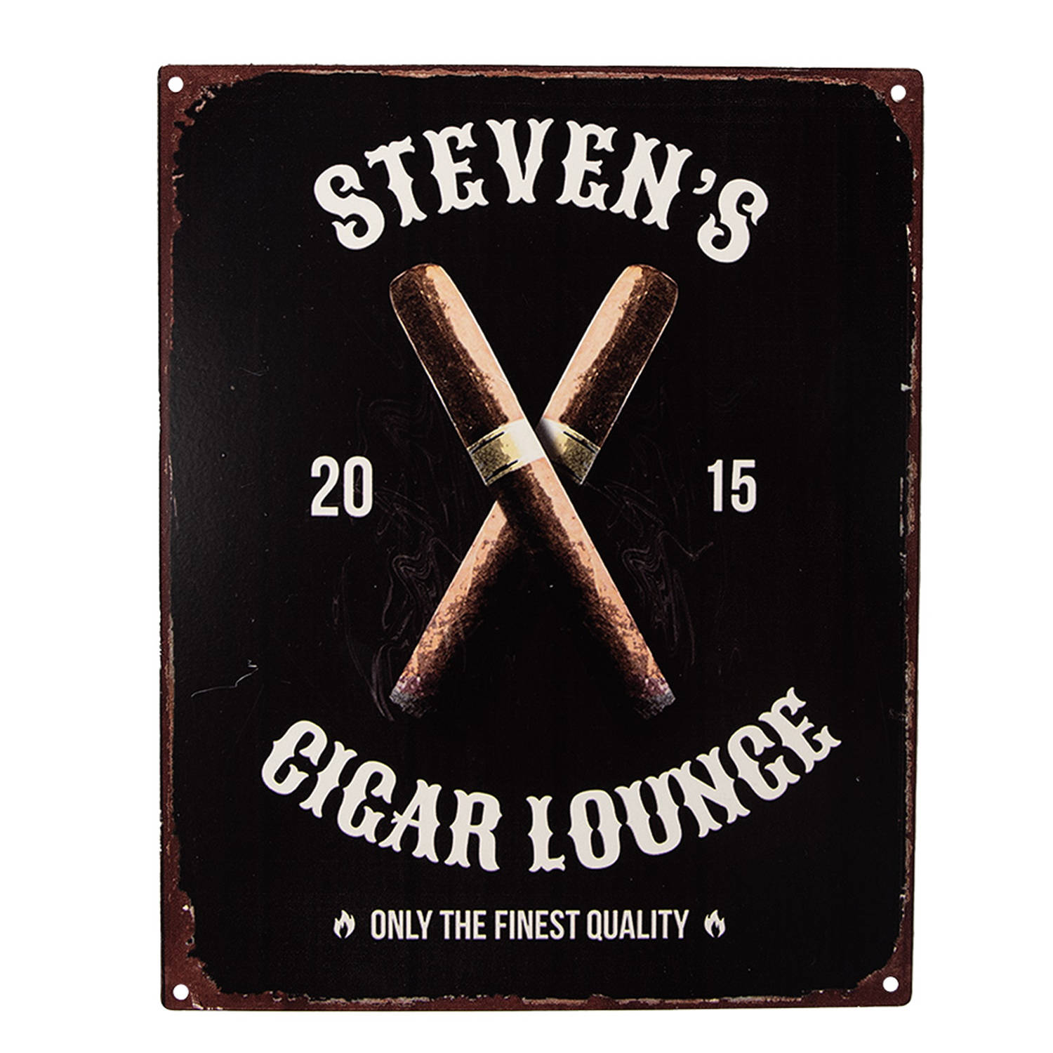Clayre & Eef Tekstbord 20x25 Cm Zwart Ijzer Sigaren Steven's Cigar Lounge Wandbord Spreuk Wandp