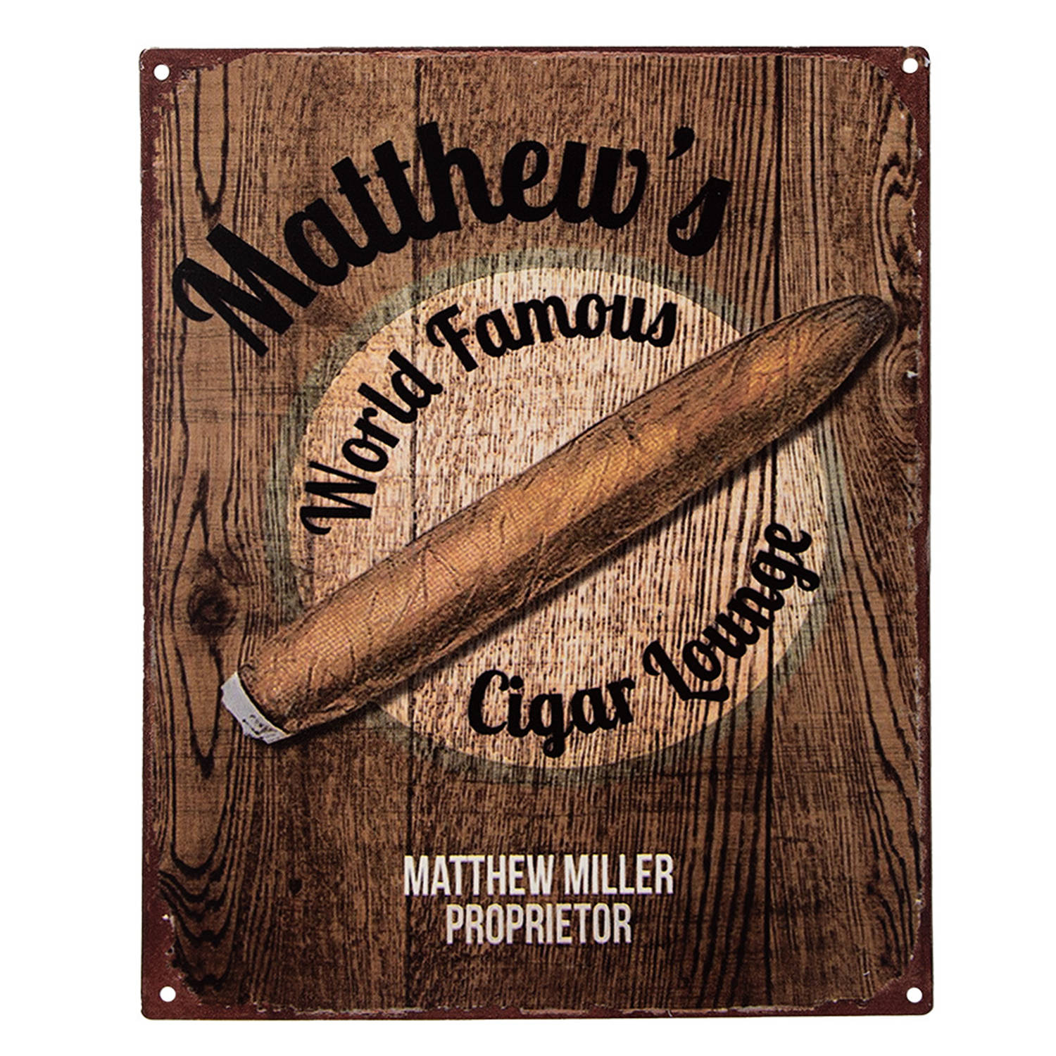 Clayre & Eef Tekstbord 20x25 Cm Bruin Ijzer Sigaar Matthew's World Famous Cigar Lounge Wandbord