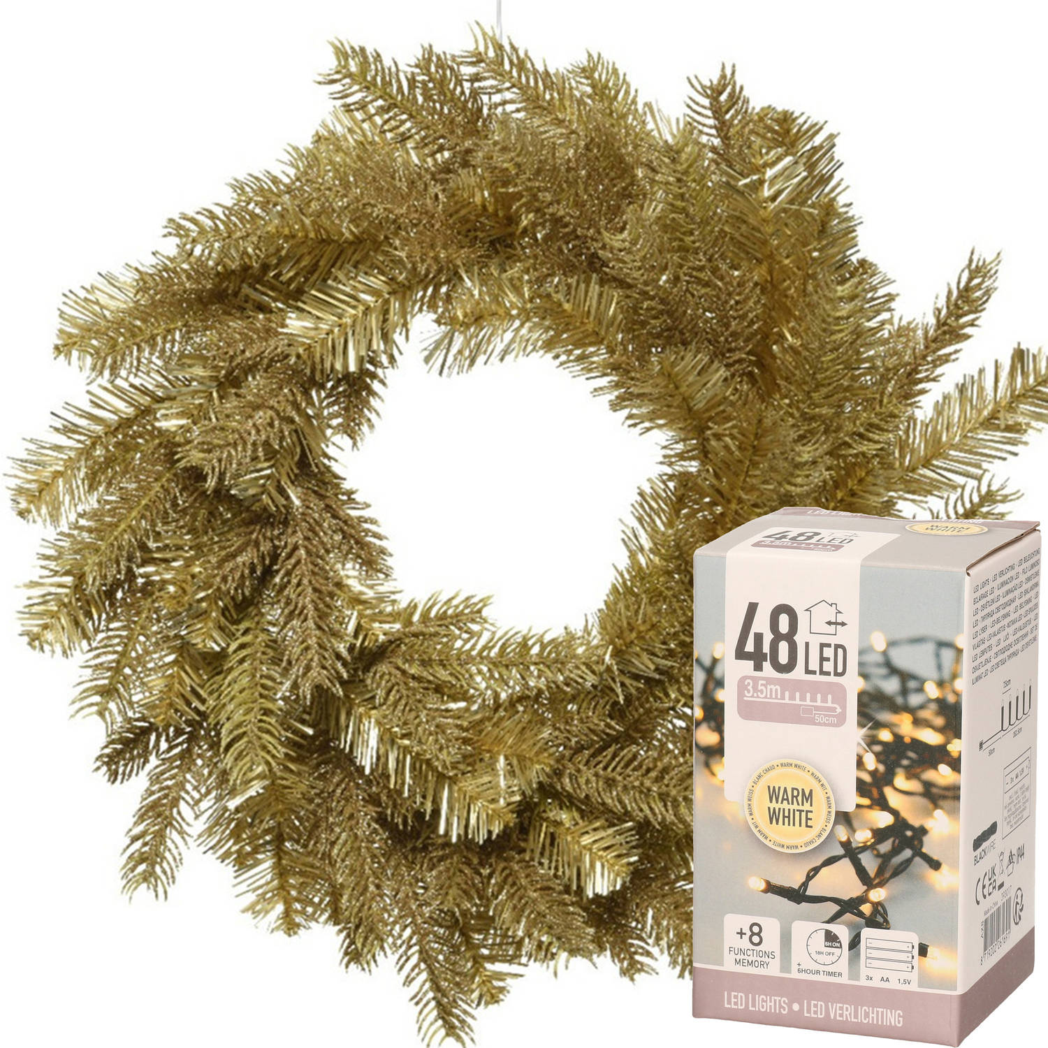 Kerstkrans Goud Glitter 50 Cm Incl. Verlichting Warm Wit 4m Kerstkransen