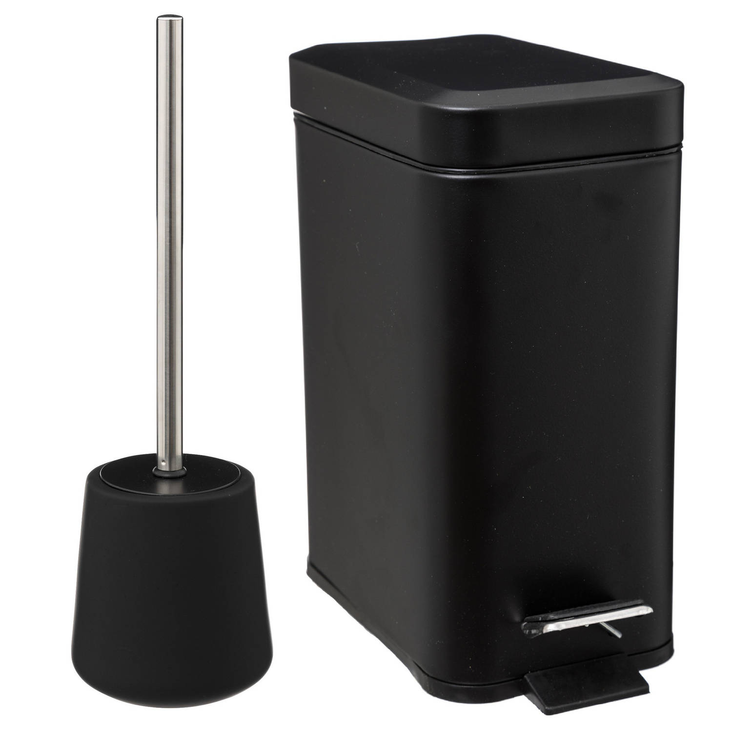 Badkamer-toilet set WC-borstel en pedaalemmer 5L metaal- polyresin zwart Toiletaccessoireset