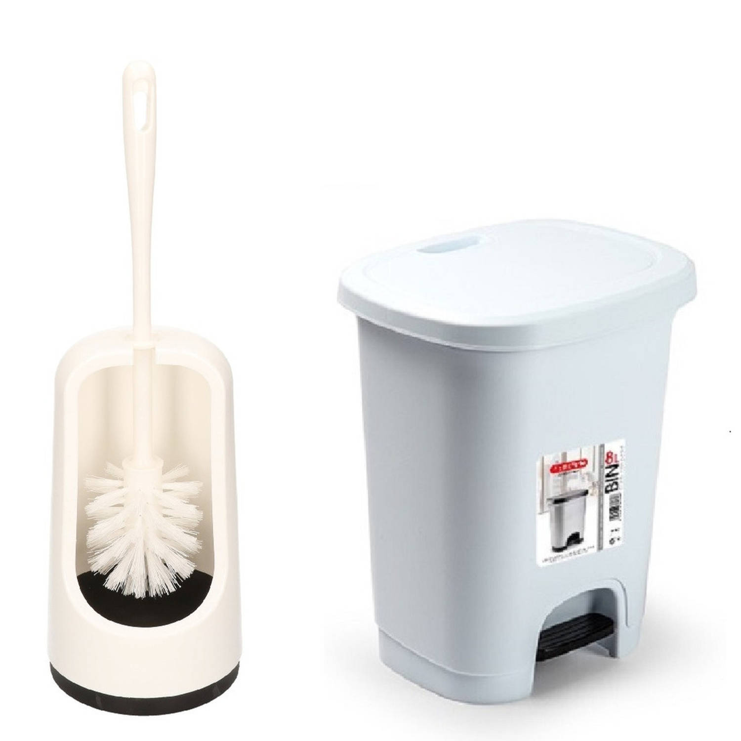 Plasticforte Toilet accessoires set - WC-borstel/pedaalemmer 8L - wit - Toiletaccessoireset