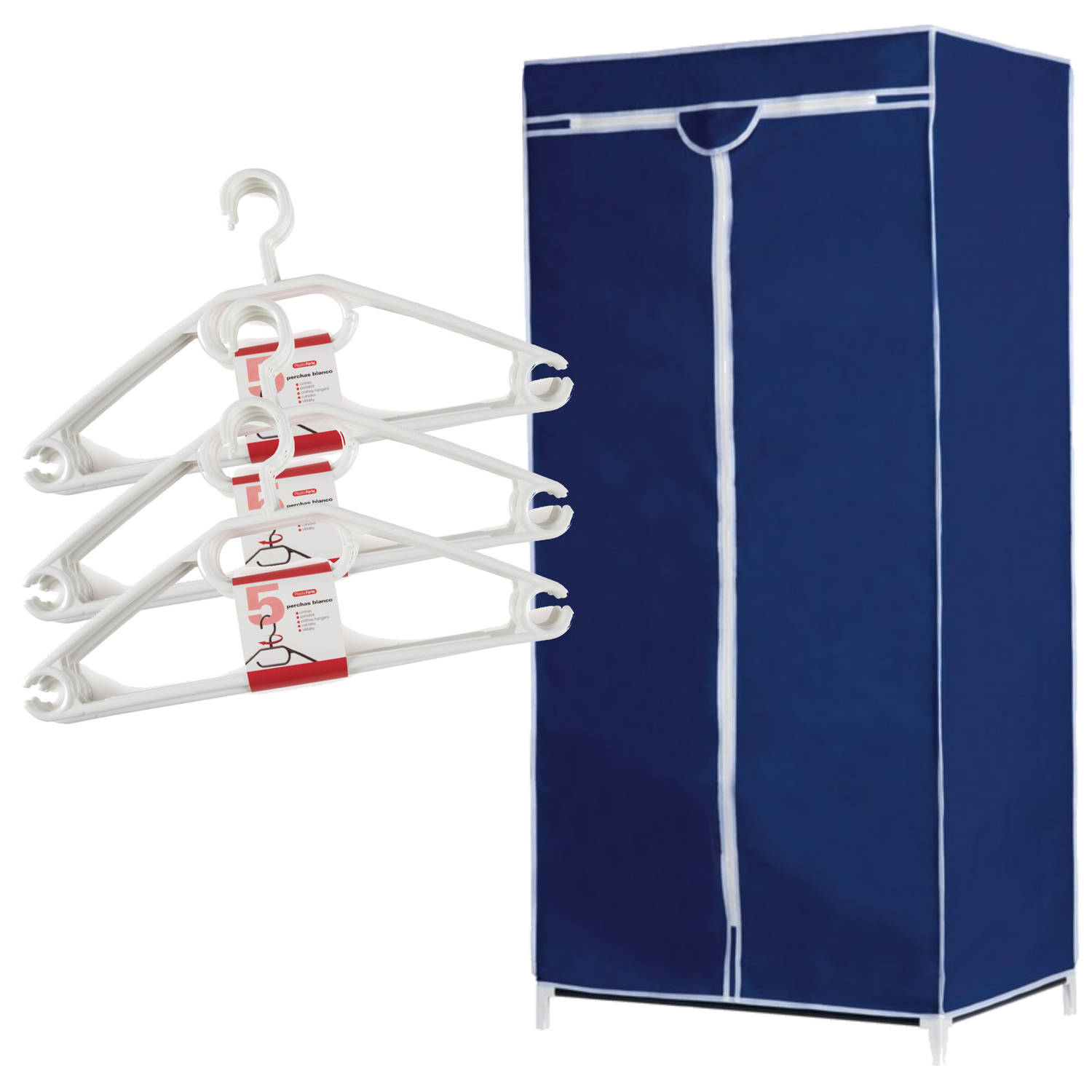 Set van mobiele kledingkast met blauwe 160 cm 15x plastic kledinghangers wit - Campingkledingkasten | Blokker