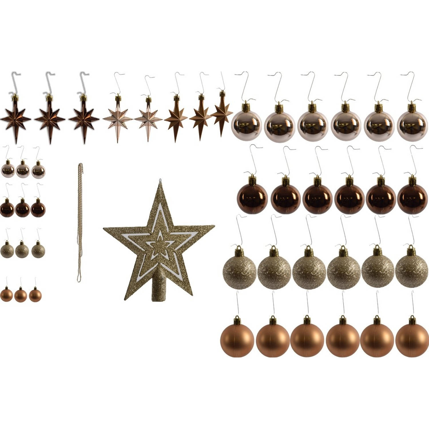 Kleine Kerstballen met 50 Kerstbalhaakjes 3-4cm 44-delig decoratie met en piek goud bruin met glitters ketting