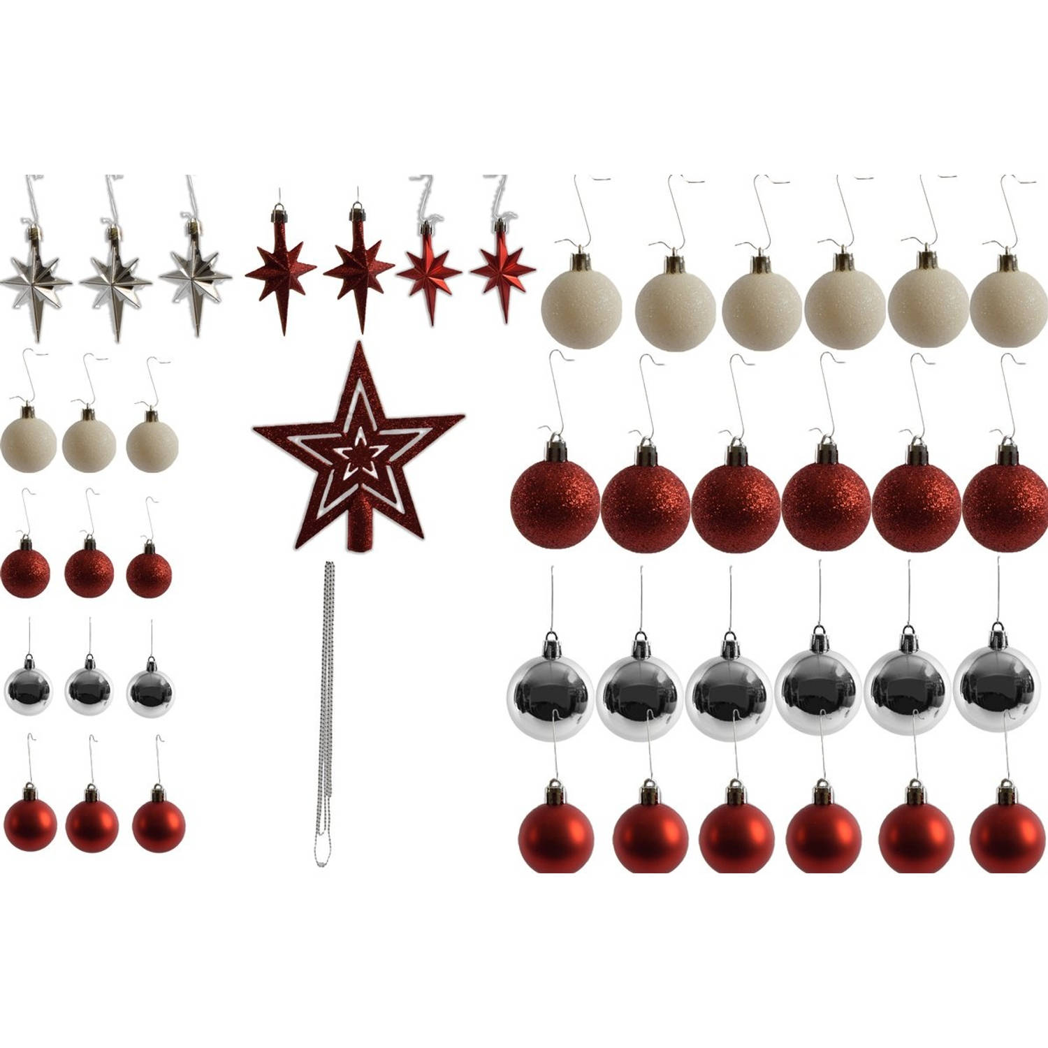 Kleine Kerstballen met 50 Kerstbalhaakjes 3-4cm 44-delig decoratie met en piek rood zilver met glitters ketting