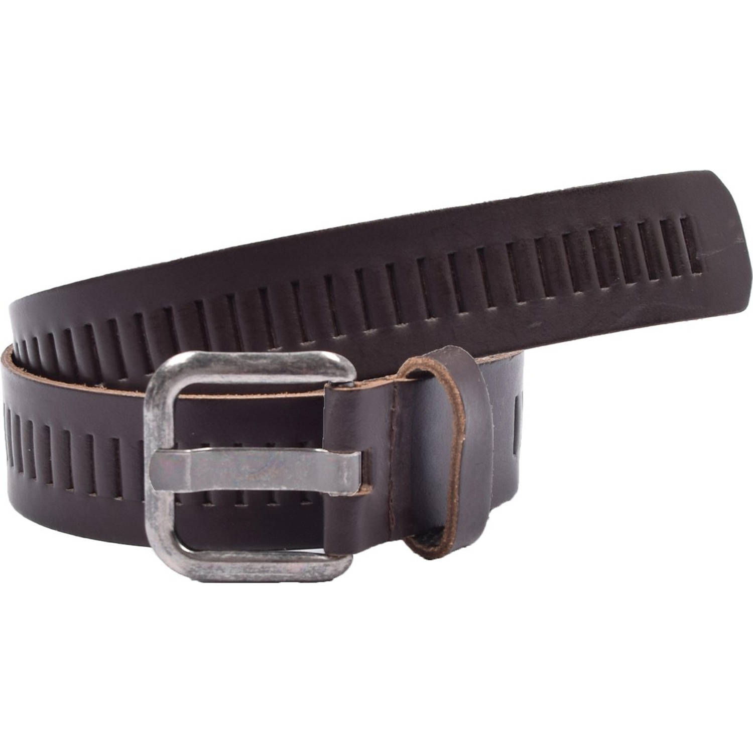 Riem - Riemen - Streepjes - Donker Bruin - 4 cm - Unisex - 100% Leren - Leder - Riem Maat 85