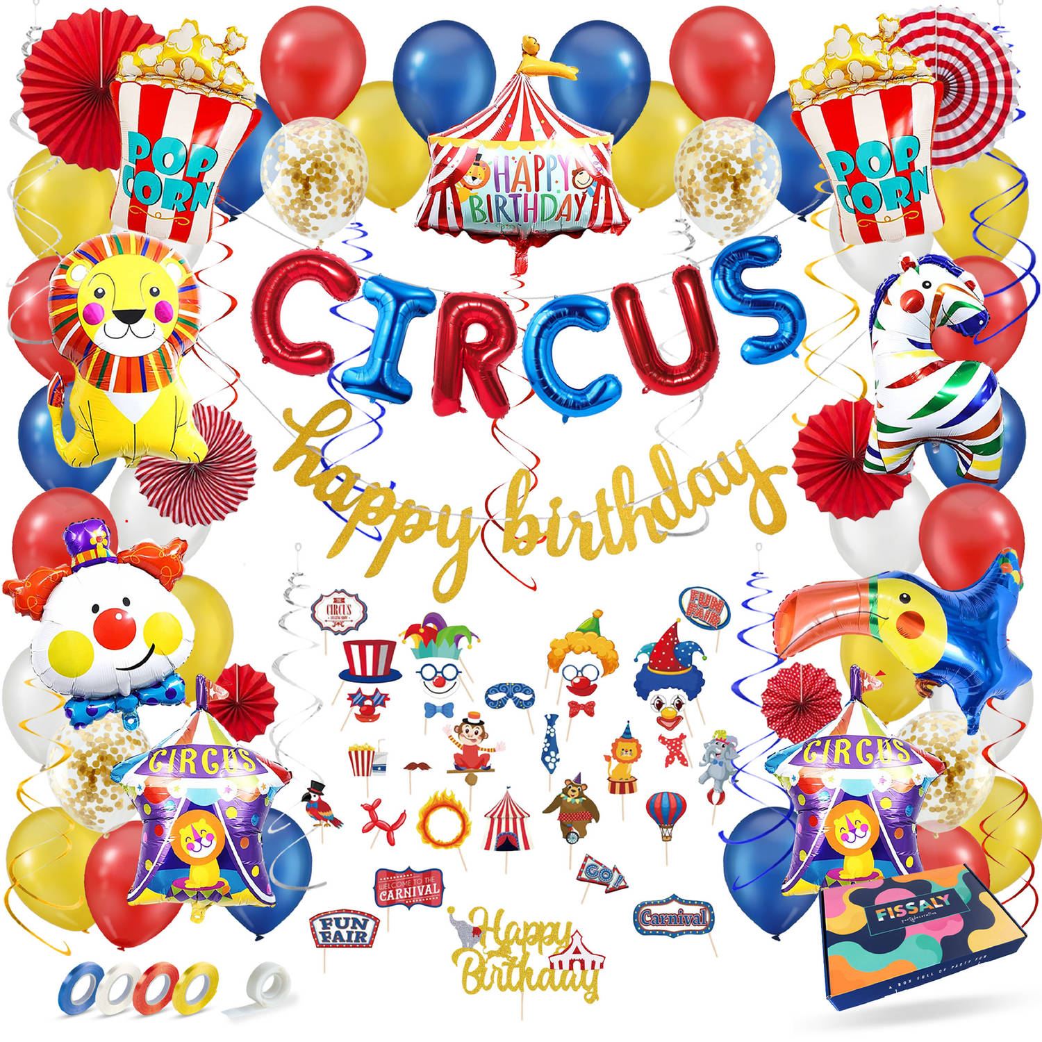 Fissaly® 104 Stuks Circus Feest Versiering - Kinderfeestje Decoratie - Clown - Themafeest Verjaardag - Feestje