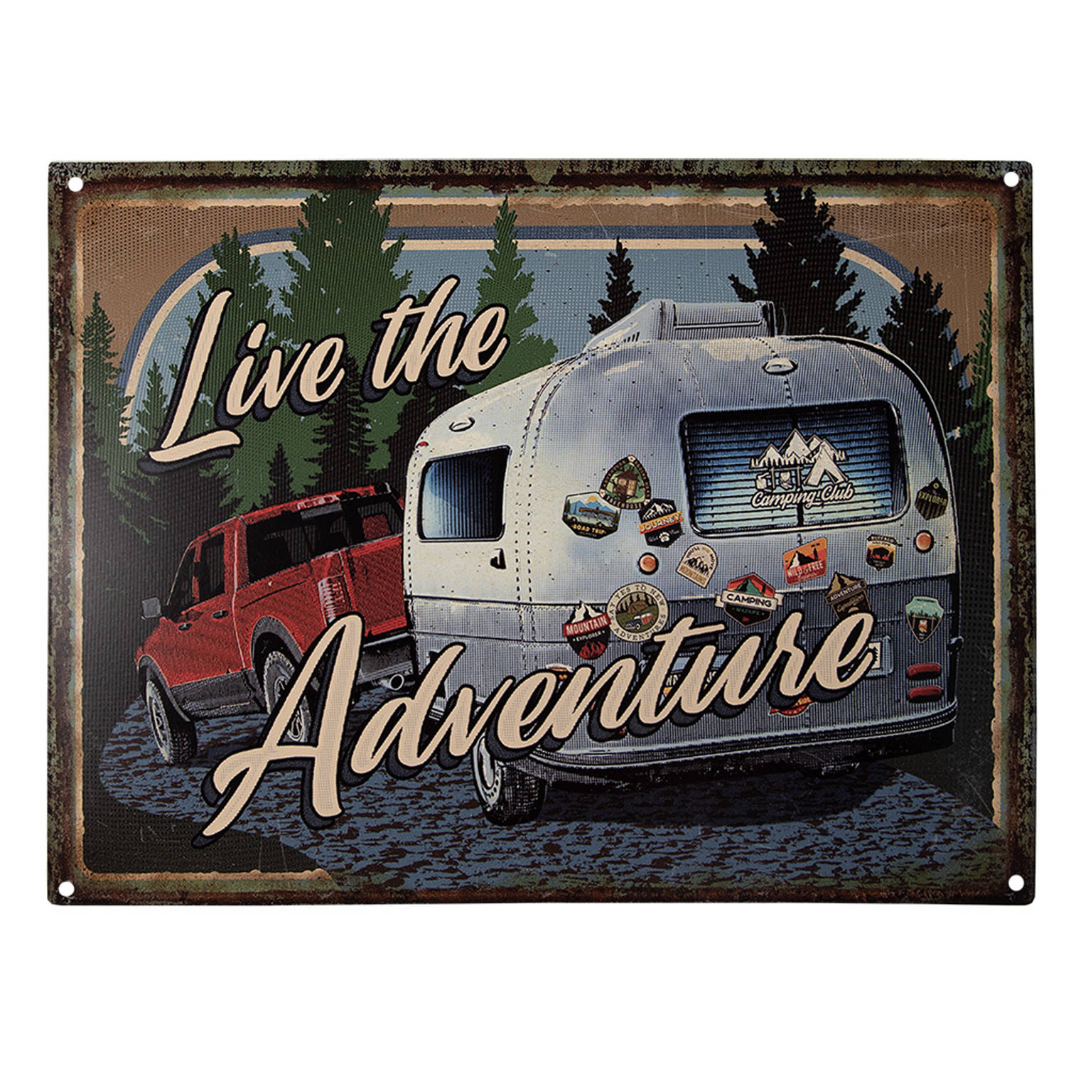 Clayre & Eef Tekstbord 33x25 Cm Blauw Ijzer Caravan Live The Adventure Wandbord Spreuk Wandplaat Bla