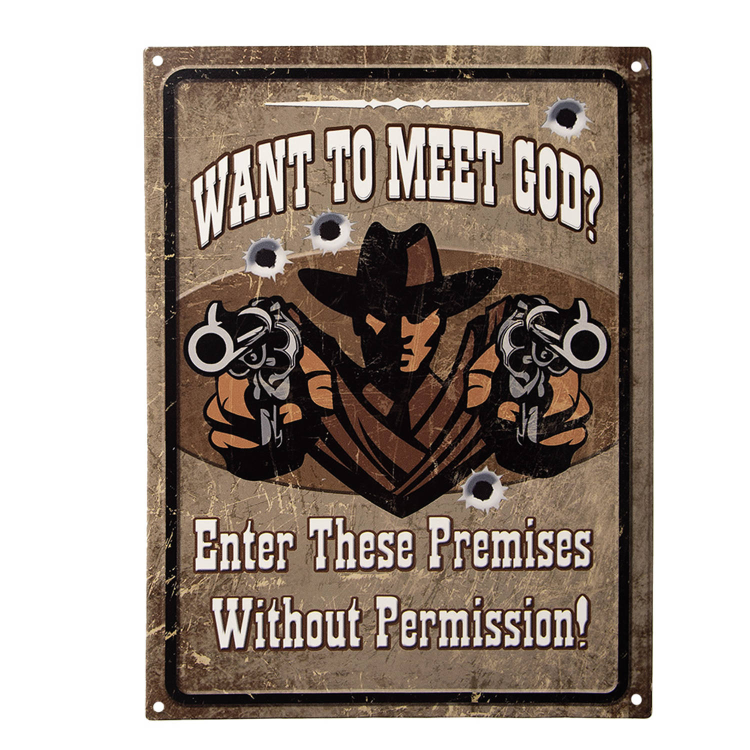 Clayre & Eef Tekstbord 25x33 Cm Bruin Ijzer Cowboy Want To Meet God? Wandbord Spreuk Wandplaat Bruin