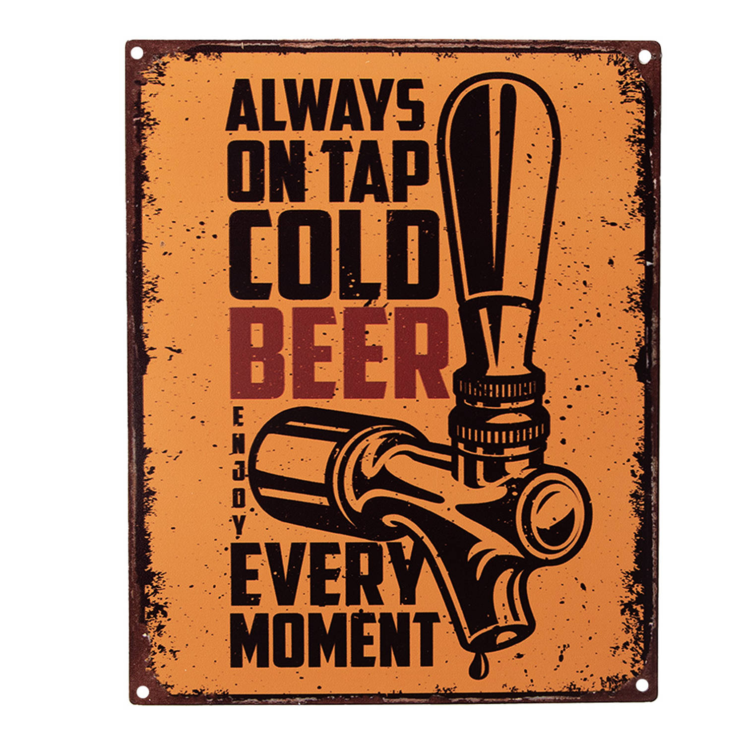 Clayre & Eef Tekstbord 20x25 Cm Oranje Ijzer Biertap Always On Tap Cold Beer Wandbord Spreuk Wandpla
