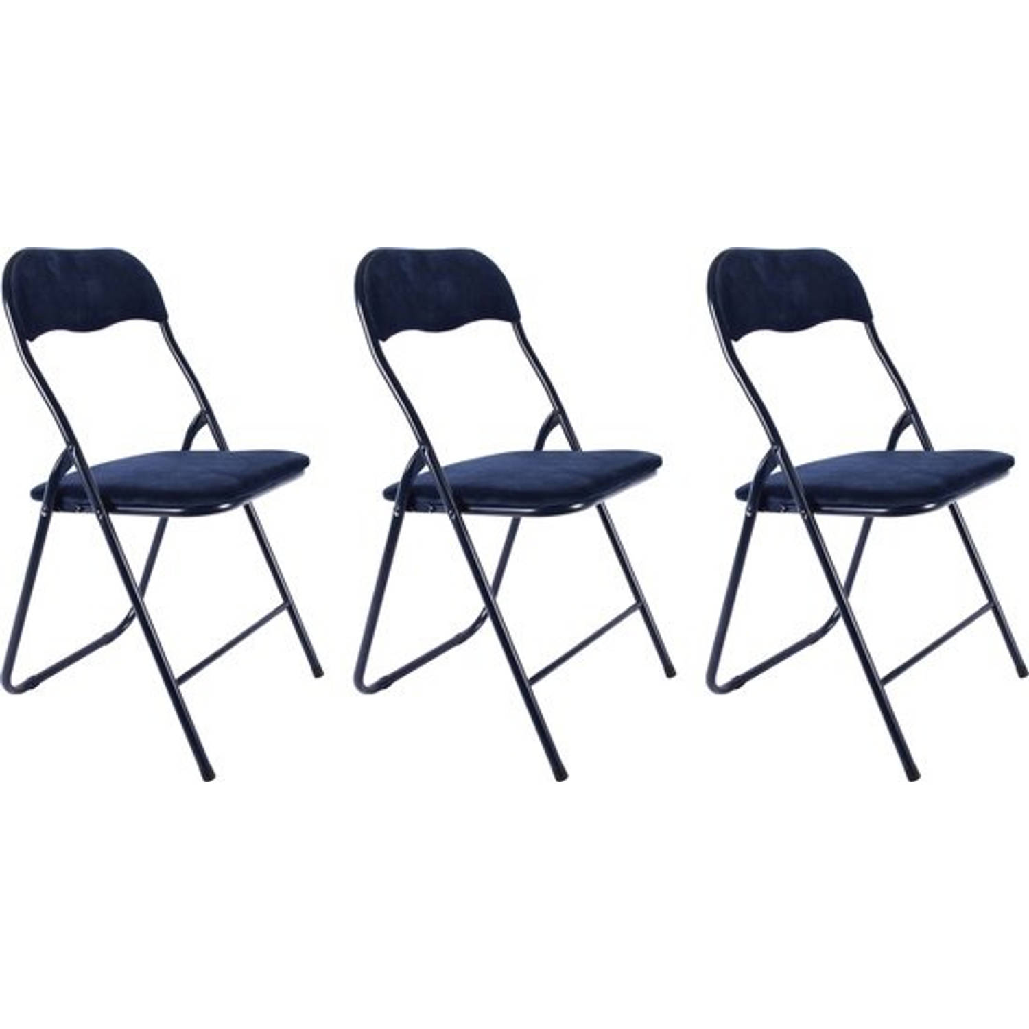 3x Klapstoel met zithoogte van 43 cml Vouwstoel velvet zitvlak en rug bekleed donkerblauw