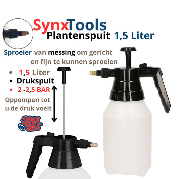 Synx Tools Hogedruk plantensproeier - 1.5 liter - plantenspuit / bewatering - Drukspuit