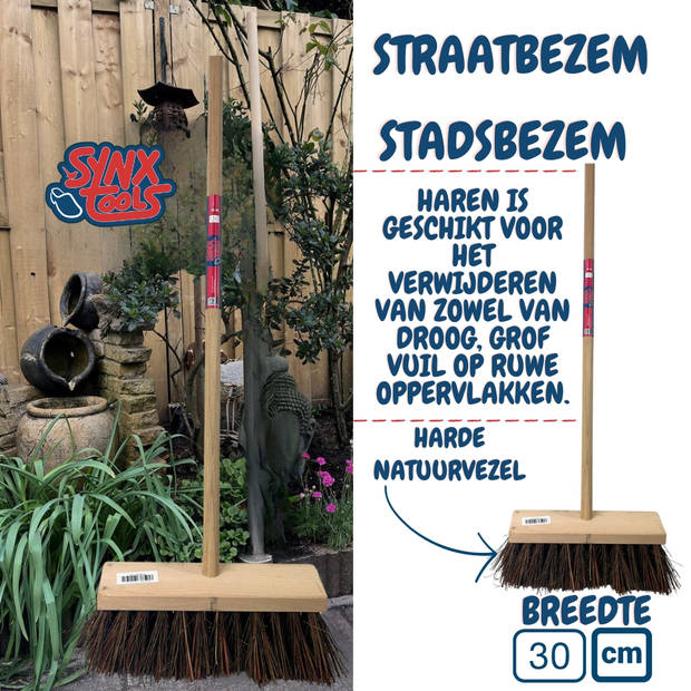 Synx Tools Stadsbezem 30 cm - Bezem - Buitenveger - Veger - Steel 150 cm - Harde natuurvezels - Straatbezem - Bezems