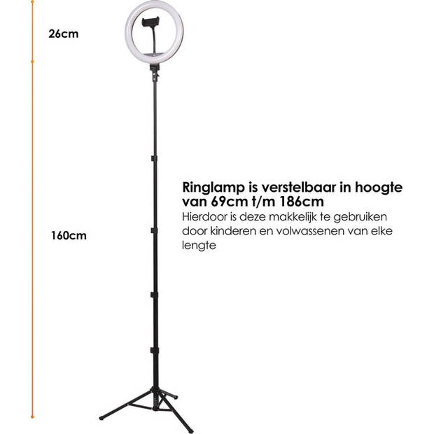 R2B Ringlamp met Statief - 10 Inch - 186 cm hoog - 30 lichtstanden - Ringlight - Ring Light - Ringlampen