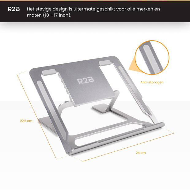 R2B Laptop standaard verstelbaar en opvouwbaar - Model "Eindhoven" - Zilver - 10 tot 17 inch - Tablet standaard