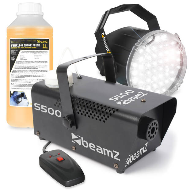 Rookmachine en stroboscoop - BeamZ LED stroboscoop + S500 rookmachine 500W met extra 250ml rookvloeistof (500ml totaal)