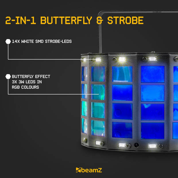 Butterfly Discolamp met Ingebouwde Stroboscoop - BeamZ Discolamp - 3 Kleuren - 24 Lenzen
