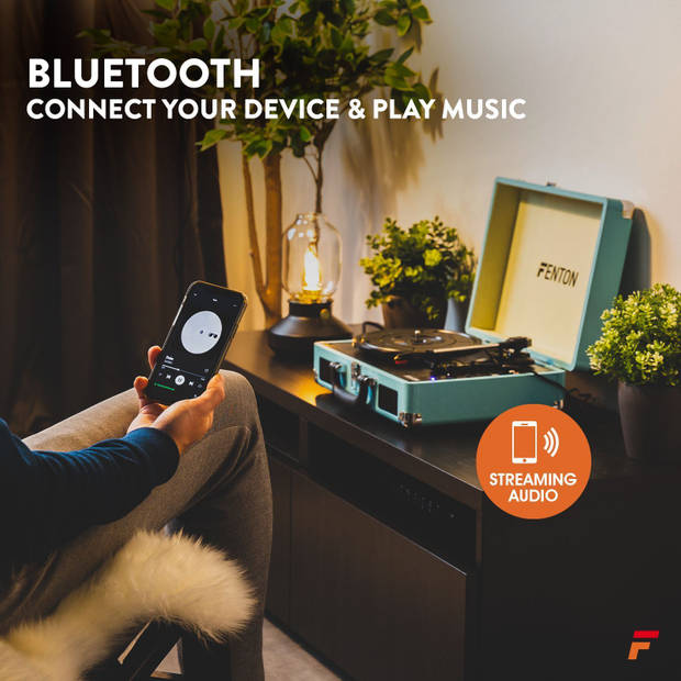 Platenspeler - Fenton RP115 platenspeler met Bluetooth, auto-stop, USB en bijpassende platenkoffer - Blauw