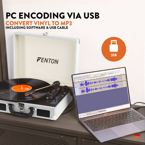 Platenspeler Bluetooth en USB met Ingebouwde Speakers - Fenton RP115D - Retro - Wit