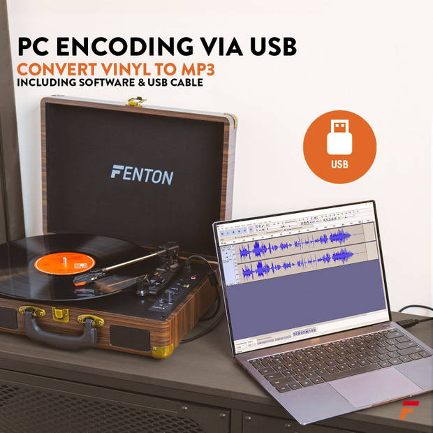 Platenspeler Bluetooth en USB met Ingebouwde Speakers - Fenton RP115B - Retro - Houtlook