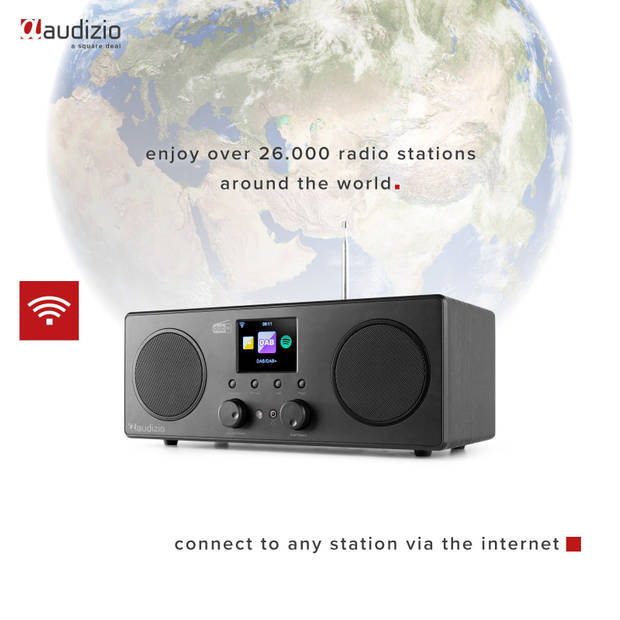 DAB Radio met Bluetooth en Wifi - Audizio Bari - AUX - Spotify Connect - 2 Speakers - Wekkerradio - Zwart