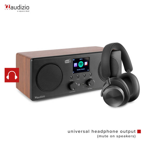 DAB Radio met Bluetooth en Wifi - Audizio Bari - AUX - Spotify Connect - 2 Speakers - Wekkerradio - Hout