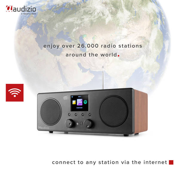 DAB Radio met Bluetooth en Wifi - Audizio Bari - AUX - Spotify Connect - 2 Speakers - Wekkerradio - Hout