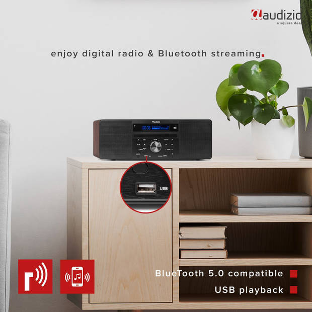 DAB radio met CD speler, Bluetooth, USB mp3 speler en radio - Stereo - Hout - Audizio Prato