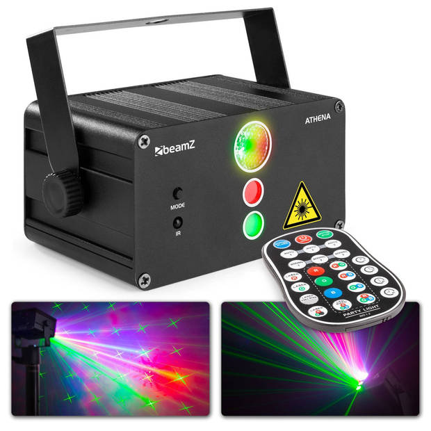 Party laser met rookmachine - BeamZ Athena accu laser rood/groen met LED