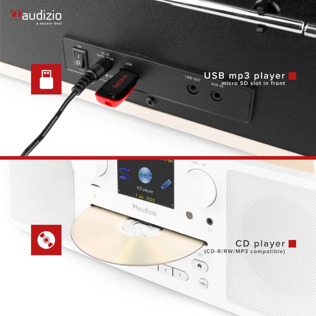 DAB radio met Bluetooth - Audizio Naples - internetradio - DAB radio met CD-speler - FM - hout/wit