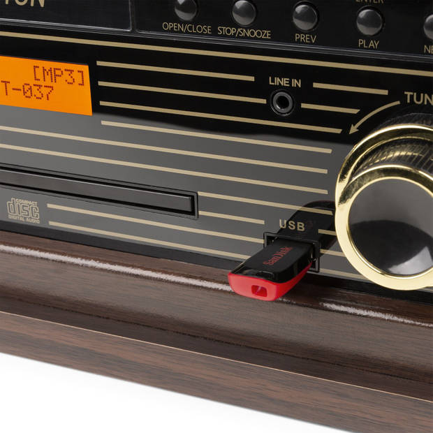Retro platenspeler Bluetooth - Fenton Memphis - cassette, mp3 speler, FM en DAB radio - Donkerbruin