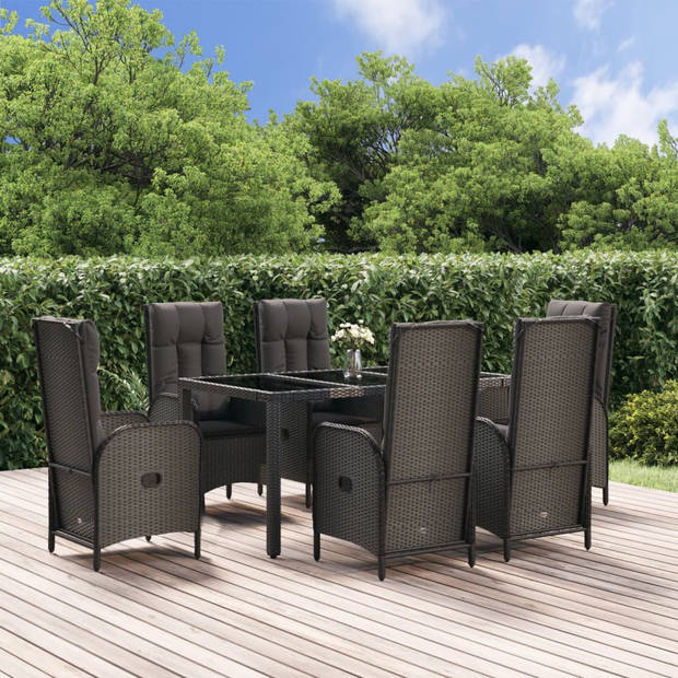 vidaXL 7-delige Tuinset met kussens poly rattan zwart en grijs