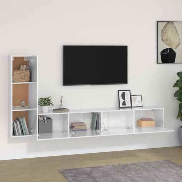 The Living Store TV-meubelset - Hoogglans wit - 2x 100x30x30 cm + 1x 30.5x30x110 cm