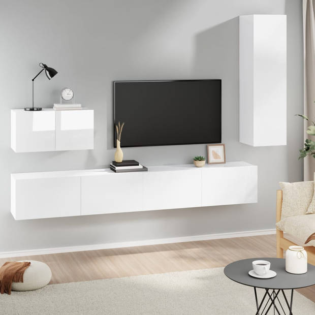 The Living Store televisiemeubel set - hoogglans wit - bewerkt hout - 2x 100 x 30 x 30 cm - 1x 60 x 30 x 30 cm - 1x