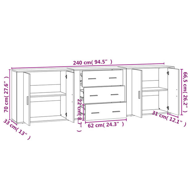 The Living Store Dressoir - Sonoma Eiken - Set van 3 - 80 x 33 x 70 cm
