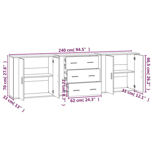 vidaXL Dressoirs 3 st bewerkt hout wit