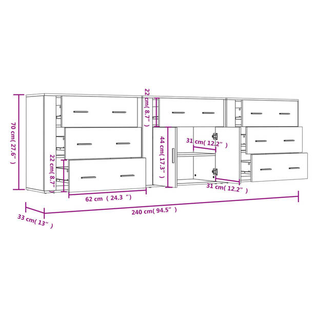 The Living Store Dressoir Bruineiken - 3 stuks - 80 x 33 x 70 cm - Bewerkt hout