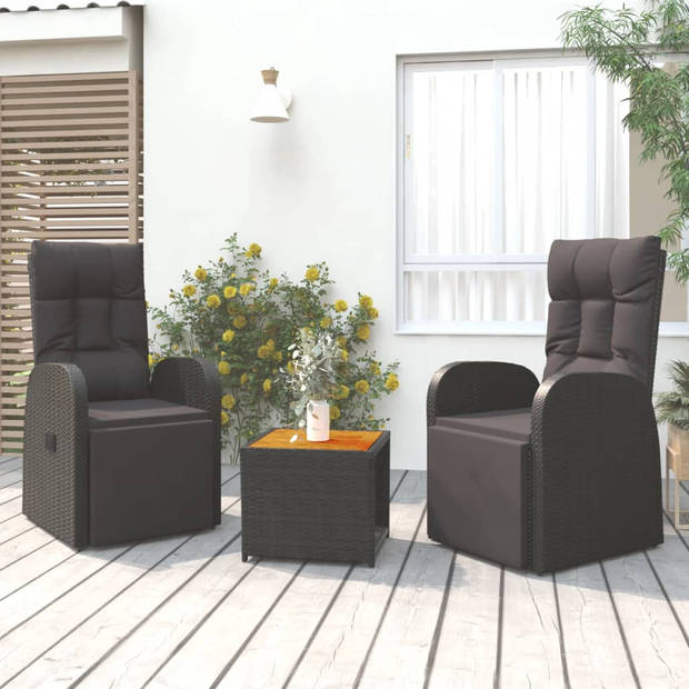 vidaXL 3-delige Loungeset poly rattan en massief acaciahout zwart