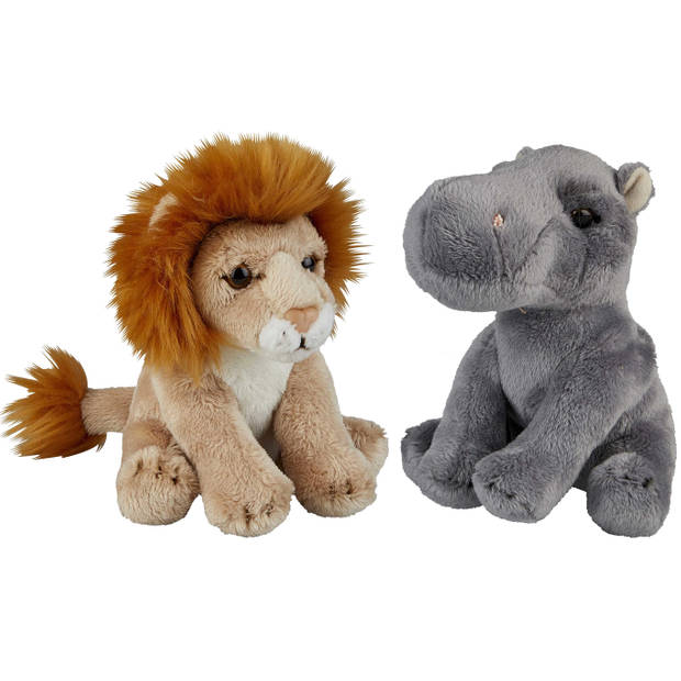 Safari dieren serie pluche knuffels 2x stuks - Nijlpaard en Leeuw van 15 cm - Knuffeldier