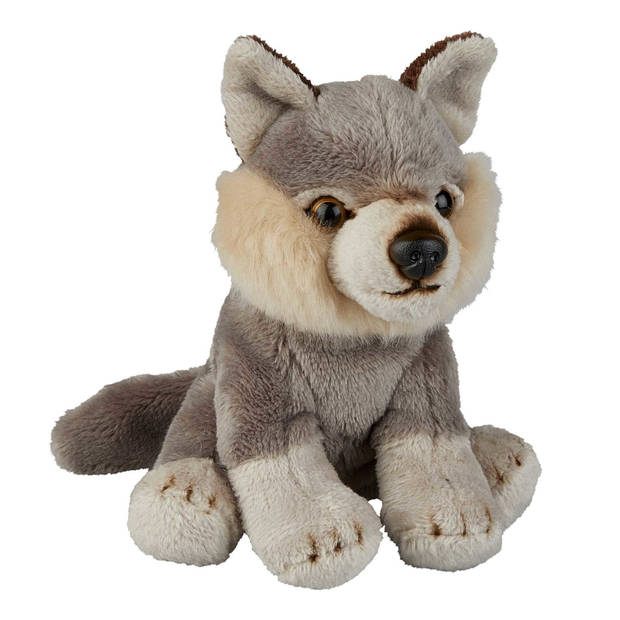 Bosdieren zachte pluche knuffels 2x stuks - Wasbeer en Wolf van 15 cm - Knuffeldier