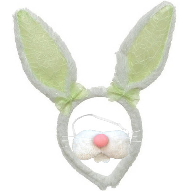 Paashaas/konijn oren diadeem groen/wit met tandjes/snuitje voor kind/volwassenen - Verkleedhoofddeksels