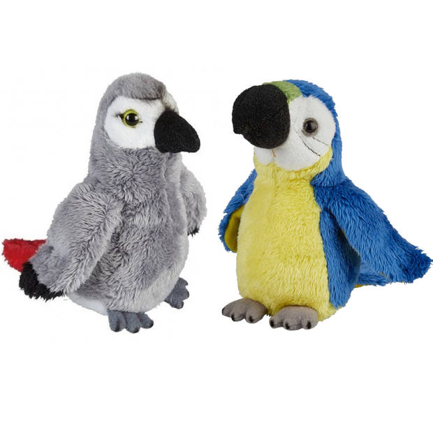 Papegaaien serie pluche knuffels 2x stuks -Blauwe en Grijze van 15 cm - Vogel knuffels
