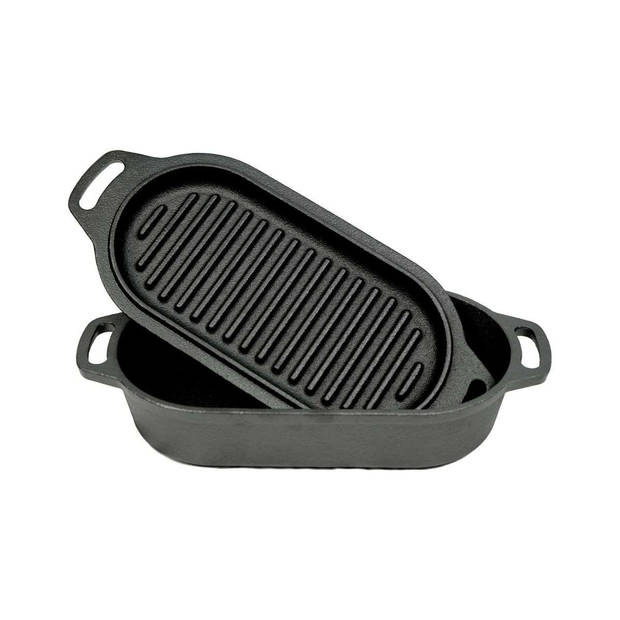 Valhal - Dutch Oven Braadpan Gietijzer met Grill Deksel Ovaal 1 Liter - Gietijzer - Zwart